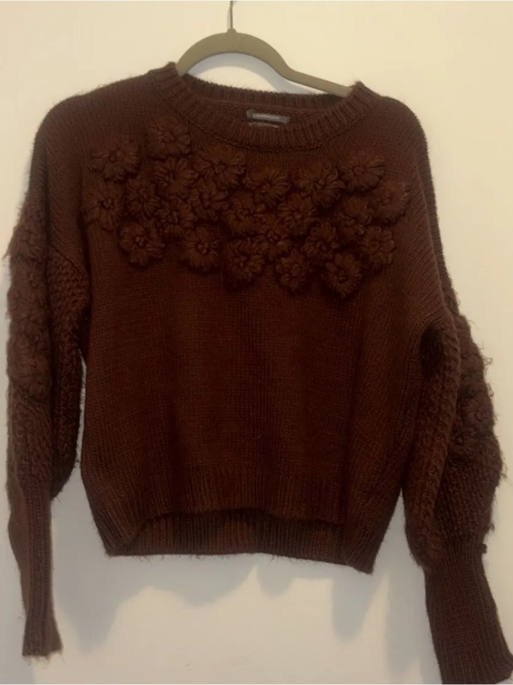 Anthropologie Wine Colored Floral-Applique Crewneck Sweater
